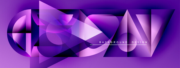 Poster - Abstract purple design features geometric shapes, gradients, dynamic lines. Modern background with text elements.