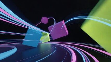 Poster - Geometric Symphony: A dynamic, abstract composition featuring interconnected, multi-colored cubes that intertwine with sleek, curving light trails, creating a visually stunning and modern design.