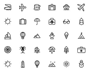 Poster - Comprehensive collection of line art symbols representing vacation activities travel destinations and leisure pursuits for a modern visual experience