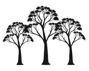 Poster - Isolated forest woodland scene featuring a dense collection of evergreen and deciduous trees in a stark graphic silhouette against a clean backdrop perfect for nature themed designs