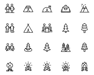 Poster - A minimalist thin line graphic depicting two individuals seated comfortably around a warm glowing campfire perfect for outdoor adventure or camping themes