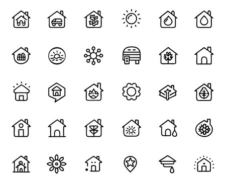 A comprehensive collection of minimalist thin line graphic symbols perfect for digital interfaces web design and branding applications rendered with clean strokes