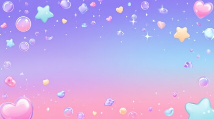Poster - Colorful kawaii gradient horizontal frame background with floating cute icons like stars, hearts and bubbles.
