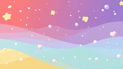 Poster - Colorful kawaii gradient horizontal frame background with floating cute icons like stars, hearts and bubbles.