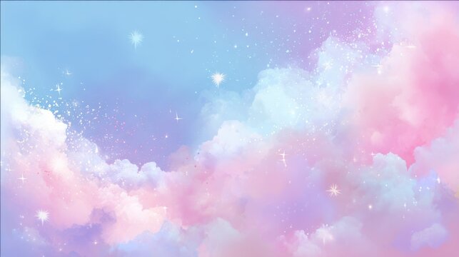 Dreamy pop-style horizontal frame background with sky blue to soft pink gradient and floating star sparkles.