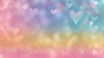 Poster - Soft rainbow gradient horizontal frame background with shimmering glitter and dreamy floating hearts in pop style.