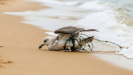 seagul strangled in a fiching net