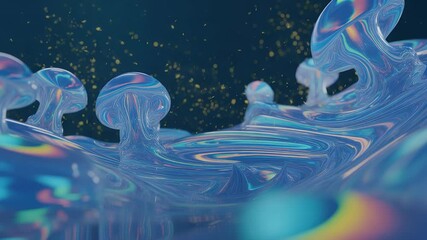 Poster - Iridescent Fluidscape: A mesmerizing abstract fluid surface shimmers with an iridescent glow, refracting light into a spectrum of colors in this futuristic digital render.