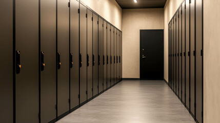 Poster - Modern locker room hallway with sleek black lockers and a simple door providing an organized and spacious feel in a contemporary indoor setting