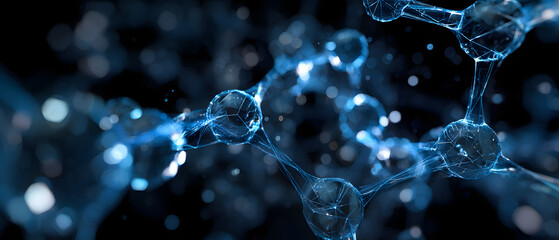 Poster - A close-up view of a futuristic molecular structure illuminated by blue light, showcasing interconnected atoms and bonds, representing advanced technology and scientific innovation