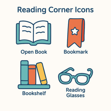 Simple icons representing elements associated with reading and a reading corner.