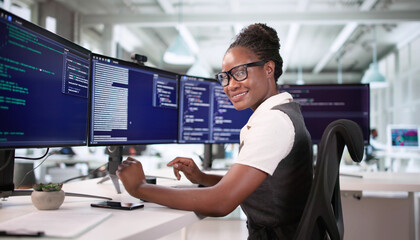 Aufkleber - Portrait Of African American Woman Coder Working