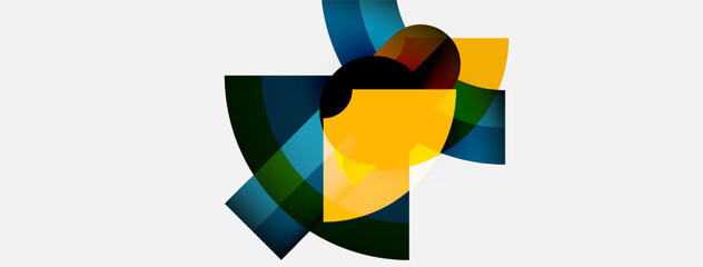 Poster - Abstract geometric shapes overlap, creating dynamic composition. Colors include yellow, blue, green, dark tones. Minimalist design.