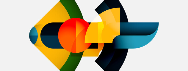 Fototapete - Abstract geometric shapes overlap, creating vibrant composition. Colors include orange, yellow, blue, green, black. Modern design elements present.