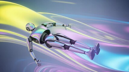Poster - Futuristic Robot in Motion: A gleaming, chrome-clad robot gracefully glides through a dynamic, multi-colored energy field, capturing the essence of futuristic technology and boundless innovation. 