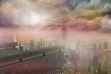 Poster - City skyline is unfolding beneath concrete railing in 3D render featuring spire-topped tower