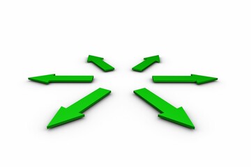 Poster - Six glossy green arrows are radiating from center in 3D graphic on white surface, copy space