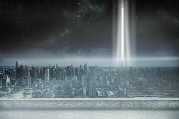 Poster - Futuristic city skyline is sprawling in flat design on terrace under stars with glowing beams