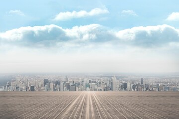 Poster - Converging wooden deck is leading toward urban skyline in flat design with blue sky and clouds