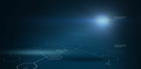 Poster - Abstract network is being shown in flat UI with hexagon nodes, lines, placeholder text, lens flare