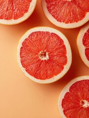 Poster - High-Quality Fresh Grapefruit Slices on Orange Background Modern Healthy Lifestyle Concept for Wellness Marketing and Social Media Campaigns