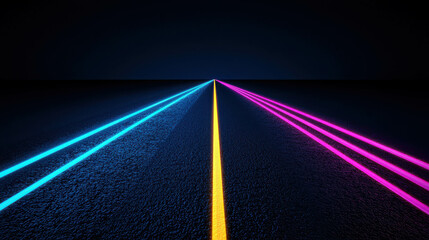 Poster - Futuristic neon road with bright lights stretching into the distance against a dark background concept for technology, travel, or adventure themes