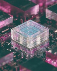 Poster - Futuristic Quantum AI Chip with Transparent Stacked Blocks on Circuit Board for Digital Transformation and Secure Data Infrastructure