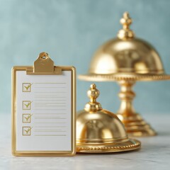 Aufkleber - Luxury Gold Clipboard with Completed Checklist and Hotel Service Bells on Marble Desk - Premium Workplace Productivity and Efficiency Concept