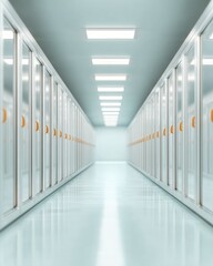 Poster - Modern Data Center Cooling Aisle with Parallel Server Rows, Reflective Surfaces and Glowing Indicators for IT Infrastructure and Digital Connectivity