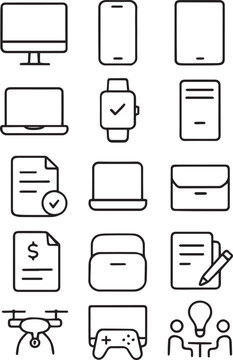 Devices set of web icons in line style. Electronic devices and gadgets icons for web and mobile app. Smart devices, technology, computer monitor, smartphone, tablet, laptop, drone line art vector 