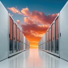 Poster - Modern Premium Data Center Server Room with Advanced Cabinets and Reflective Floors Inspiring Tech Infrastructure for Business Marketing Content