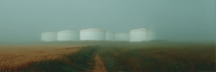 Poster - Premium Large Bioreactor Biofuel Storage Tanks Silhouetted in Wheat Field Modern Sustainable Energy Concept for Professional Marketing and Editorial Use