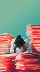 Poster - Overwhelmed Office Worker with Massive Paperwork Stack Authentic Modern Corporate Stress Management for Professional Productivity Campaigns