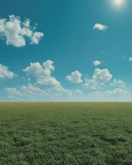 Poster - Premium High-Quality Lush Green Field and Blue Sky with Sun Modern Authentic Seasonal Landscape for Agriculture Marketing and Social Media Campaigns