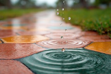 Poster - Authentic Urban Rainfall on Patterned Stone Pavement Premium Natural Weather Impact for Millennial Lifestyle Marketing and Social Media Campaigns