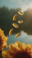 Poster - Floating Fish Oil Capsules Over Serene Nature Backdrop Symbolizing Omega-3 Supplement Benefits for Holistic Health and Proactive Wellness Marketing