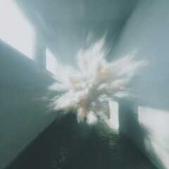 Poster - Abstract blurred cloud explosion in minimalist industrial gallery space with natural light beams for surreal contemporary art and immersive visual experience
