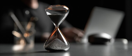 Poster - Premium Modern Productivity Hourglass Timer in Professional Home Office Setting for Efficient Workflow and Time Management Marketing Content