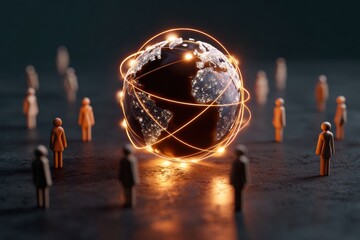 Poster - Modern Professional Global Network Connection with Illuminated Globe and Wooden Figures Premium Business Collaboration Content for Marketing and Social Media