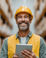 Aufkleber - Smiling Warehouse Worker in Safety Vest Managing Inventory with Tablet in Modern Distribution Center - Efficient Logistics and Supply Chain Coordination