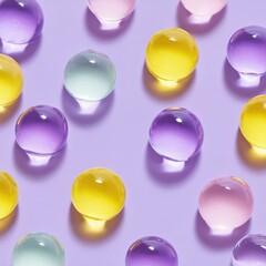 Poster - Translucent silica gel beads in pastel colors on soft purple background, showcasing moisture control innovation with vibrant tech-inspired aesthetics and clarity
