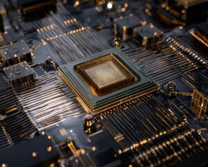 Poster - Quantum optimization chip on advanced circuit board showcasing futuristic AI processor design with golden pathways for next-gen computing technology