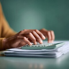 Poster - Professional payroll accountant hands using calculator for accurate tax and financial paperwork review in a modern office setting for business content