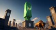 © LumaRaga - Bull Golden Statue Standing Near Glowing Green Chart Tower