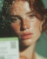 Aufkleber - Modern Close-Up Portrait of Woman with Freckles and Digital Identification Card Premium Authentic Lifestyle and Security Concept for Marketing Content