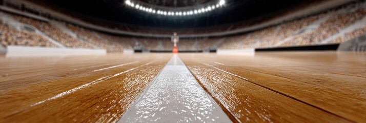 Aufkleber - Professional basketball court low angle shot with packed stadium, dramatic moody lighting, premium sports marketing content inspiring competitive excellence