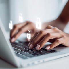 Aufkleber - Professional Cyber Security Protection Concept with Hands Typing on Laptop and Digital Lock Icons for Modern Data Privacy Marketing Campaigns
