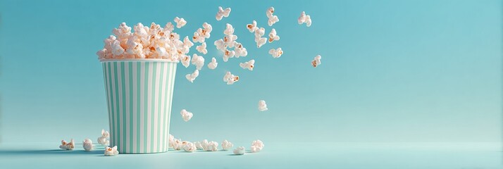 Leinwandbilder - Premium Modern Movie Popcorn Bucket with Flying Kernels on White Background for Authentic Snack Advertising and Millennial Entertainment Marketing Content