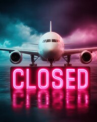 Aufkleber - Professional Storm Alert Flight Cancellation with Closed Sign and Wet Runway Under Dark Clouds Modern Aviation Safety Content for Travel Disruption Campaigns