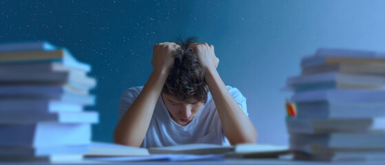 Aufkleber - Authentic College Student Experiencing Academic Anxiety at Cluttered Desk Premium Education Concept for Gen Z Stress Awareness and Content Marketing